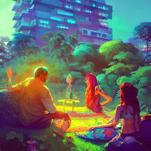 Image similar to hippie bohemian encampment with tie - dye tents and a garden. cyberpunk art by jesper ejsing, by rhads and makoto shinkai and lois van baarle and ilya kuvshinov and rossdraws, cgsociety, panfuturism, nature utopia, anime aesthetic