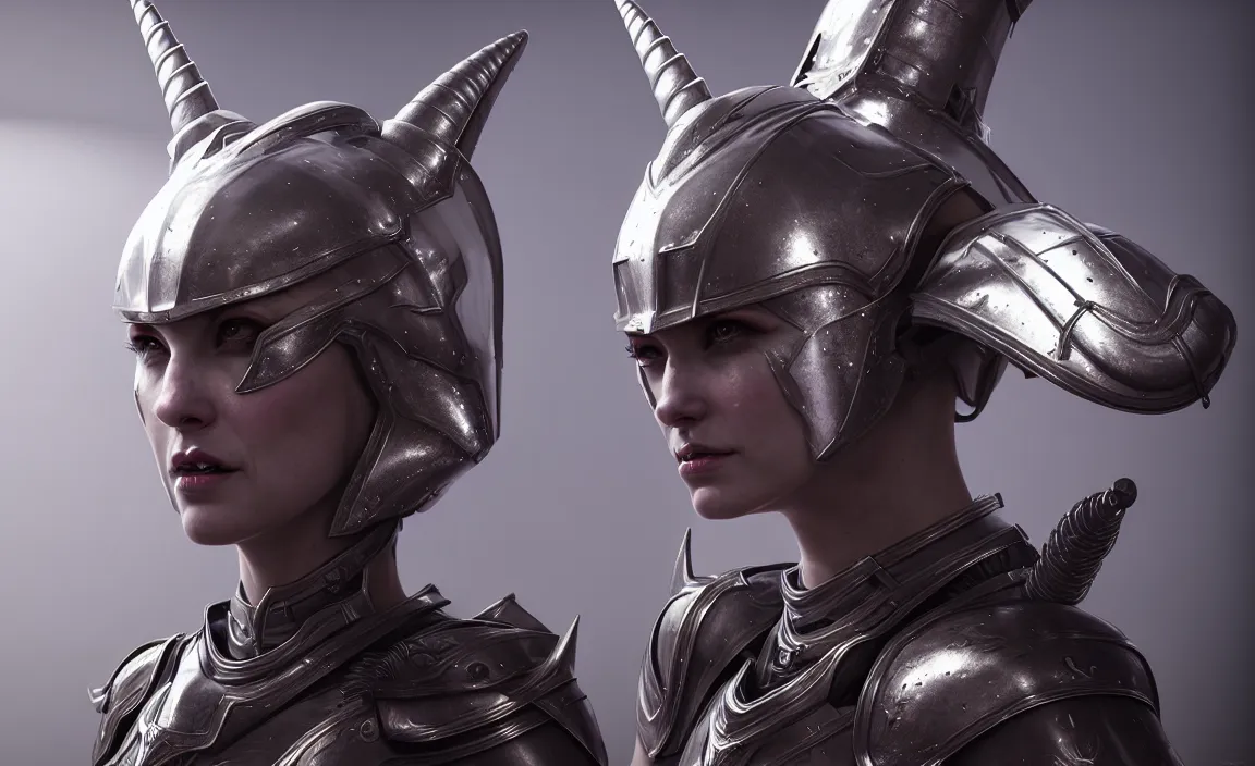 Image similar to epic portrait of female alien unicorn in plate armour by cleavanger and elvgren epic awesome symmetrical octane vfx maya render realistic