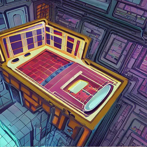 Prompt: epic digital isometric paiting of zero theorem large interior chamber