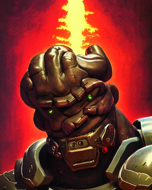 Image similar to doomfist from overwatch, sinister smile, elegant, character portrait, portrait, close up, concept art, intricate details, highly detailed, vintage sci - fi poster, retro future, in the style of chris foss, rodger dean, moebius, michael whelan, and gustave dore