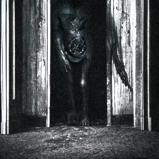 Image similar to a flash photo of creepy wendigo with an unnatural posture standing in a vantablack russian basement from the horror movie rec, shaky camera, it is deformed and is staring at the camera from the end of a dark liminal hallway. caught on vhs, film grain, national geographic award winning photography,