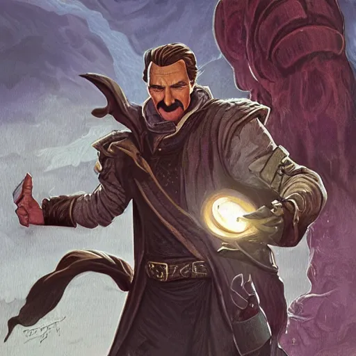 Image similar to Mustachioed Liam Neeson as Burl Gage, Antimage, casting Eldritch Bolt, iconic Character illustration by Wayne Reynolds for Paizo Pathfinder RPG