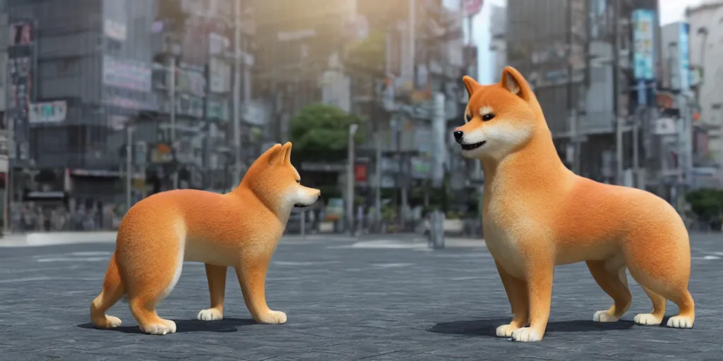 Image similar to a highly detailed render of a giant shiba inu standing in tokyo, hyperrealistic, realistic, 8 k, made in unreal engine 5