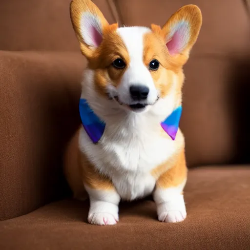 Image similar to 8k highly detailed photograph of the most adorable Corgi Puppies wearing a rainbow bandana, posing on my couch, golden hour,