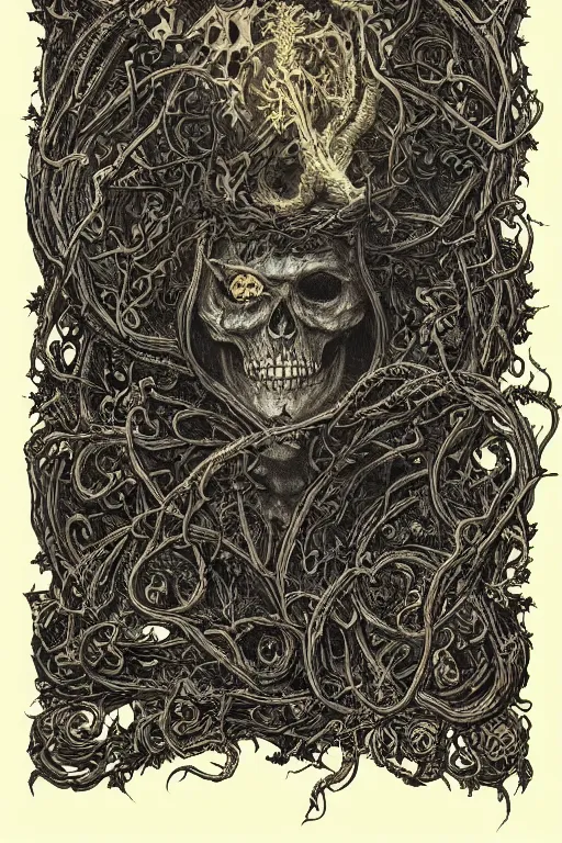 Image similar to portrait of dead king skeleton wrapped in vines, black paper, baroque, rococo, tarot card with ornate border frame, marc Simonetti, paul pope, peter mohrbacher, detailed, intricate ink illustration