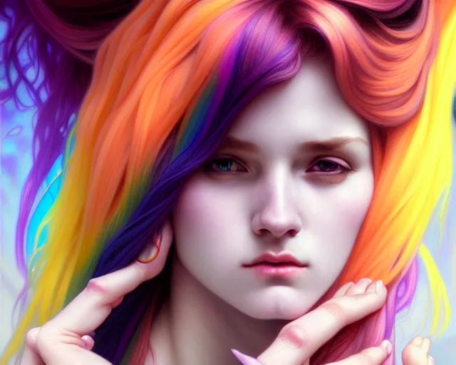 Image similar to overlord, rainbow hair, portrait, highly detailed, deep focus, elegant, digital painting, smooth, sharp focus, illustration, ultra realistic, 8 k, art by artgerm and alphonse mucha and edgar maxence