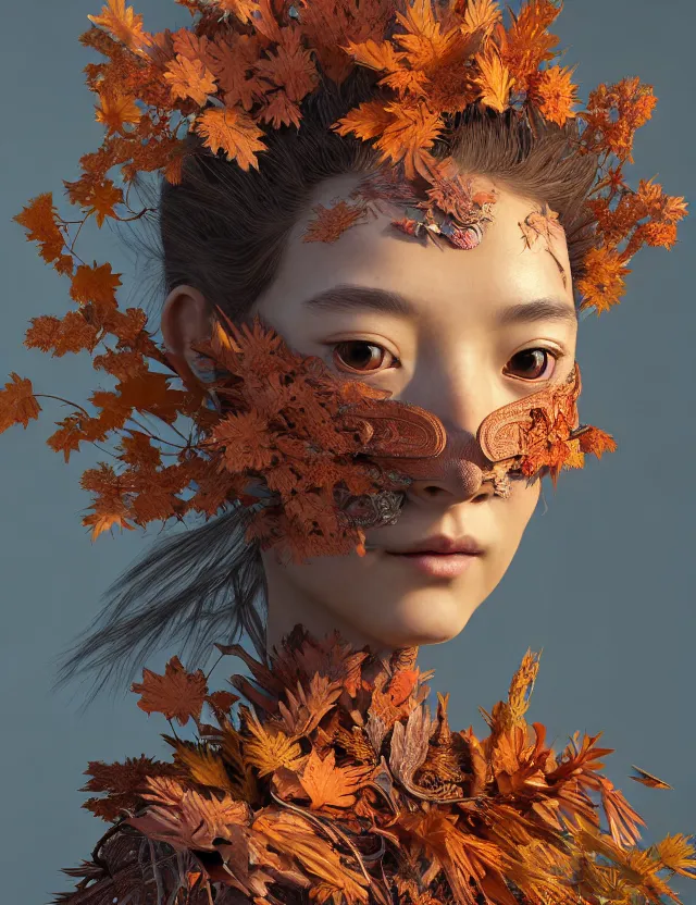 Image similar to 3 d goddess close - up profile portrait of young girl wearing a beautiful intricately detailed japanese autumn mask, fall leaves, thistles, phoenix, dried plants, foxes, wind, creature, artwork by tooth wu and wlop and beeple and greg rutkowski