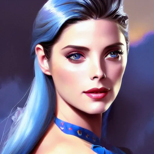 Image similar to Ashley Greene's face combined with Grace Kelly's face with blue hair as Bat Girl, western, D&D, fantasy, intricate, elegant, highly detailed, digital painting, artstation, concept art, matte, sharp focus, illustration, art by Artgerm and Greg Rutkowski and Alphonse Mucha