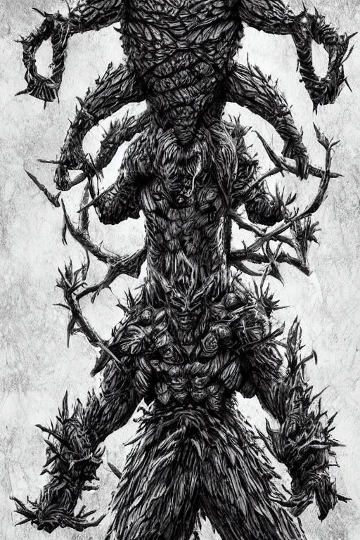 Image similar to armoured tree human figure monster, symmetrical, highly detailed, digital art, tree armour, sharp focus, trending on art station, kentaro miura manga art style