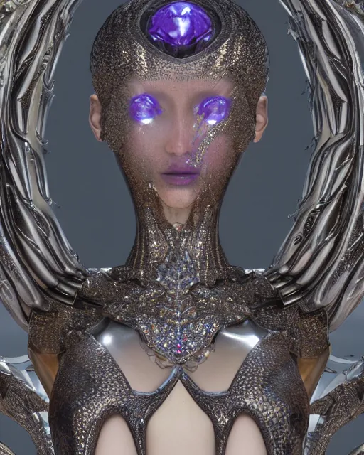 Image similar to a highly detailed metahuman 4 k close up render of an alien goddess bella hadid monument in iris van herpen dress armor schiaparelli in diamonds crystals swarovski and jewelry iridescent in style of alphonse mucha gustav klimt trending on artstation made in unreal engine 4