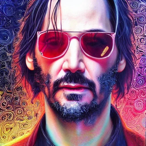 Image similar to portrait of keanu reeves, hyper detailed masterpiece, neon floral pattern, jean giraud, digital art painting, darkwave goth aesthetic, psychedelic, artgerm, donato giancola and tom bagshaw