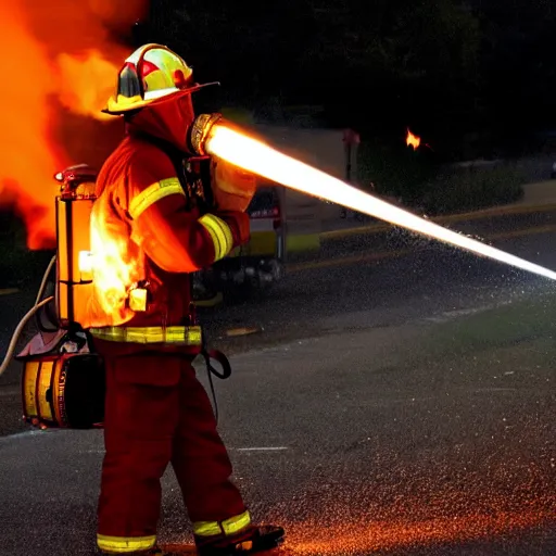 Image similar to photo of a firefighter using a flamethrower projecting a long flame. award-winning, highly-detailed