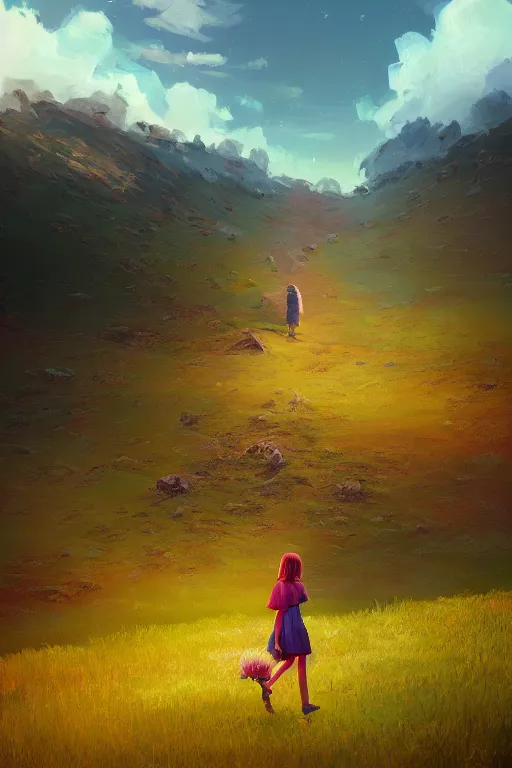 Image similar to giant daisy flower head, girl walking in the mountains, surreal photography, sunrise, dramatic light, impressionist painting, colorful clouds, digital painting, artstation, simon stalenhag