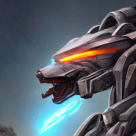 Image similar to hyper realistic, epic, highly detailed cinematic shot of a gigantic feral robot mecha canine, sharp dragon claws, detailed head, metal ears, cannon mounted on back, sleek armor, glowing visor, destroying city, digital art, furry art, macro art, dragon art, furaffinity, deviantart, sofurry