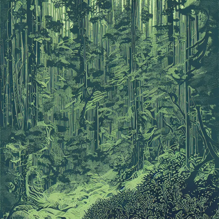 Prompt: linocut print of fantasy forest, amazing art, fern, highly detailed, color, masterpiece, by victo ngai, craig mullins