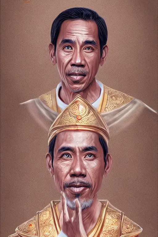 Prompt: saint jokowi, realistic, sketch and art by jacqueline e, color by bo feng lin