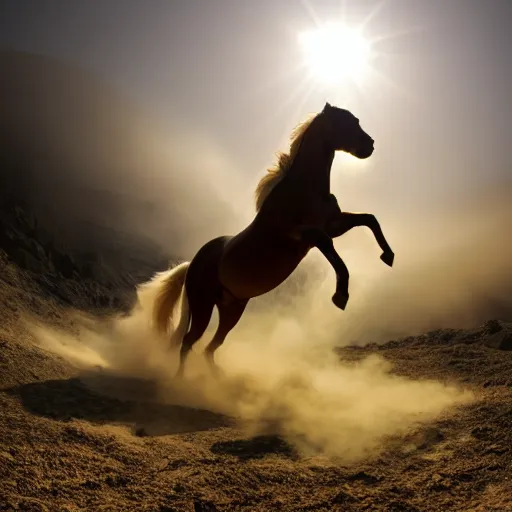 Prompt: horse jumping in heavy pyroclastic flow with dense fog and sun rays. wide angle lens. 4 k