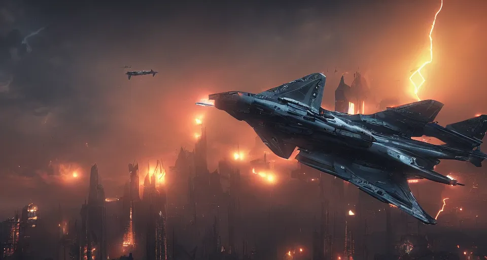 Prompt: sci-fi warplane in a cyberpunk medieval gothic dark-ages city, rich contrast, sci-fi warplanes in the lightning-storm sky, feeling of grimdark and gothic horror, explosions and fire, hyperrealistic, octane render, unreal engine, Cryengine 8k UHD