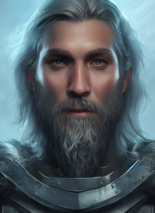 Image similar to an epic fantastic realism comic book style portrait painting of an aasimar paladin, male, silver hair, short brown beard, d & d concept art, unreal 5, daz, teal aesthetic, octane render, cosplay, rpg portrait, dynamic lighting