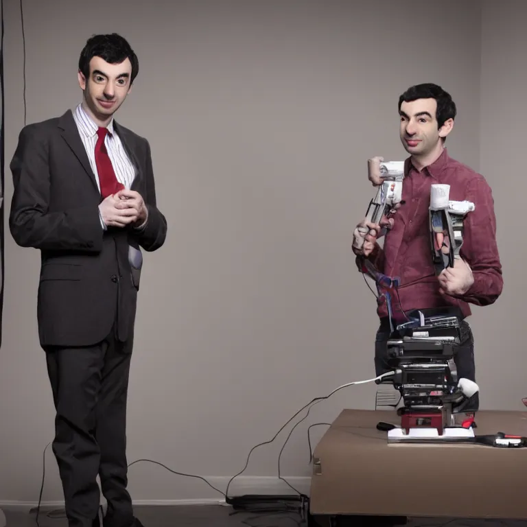 Prompt: focused dslr photograph of nathan fielder from nathan for you on comedy central controlling a puppet version of himself filmed by a tv crew on a stage with a red curtain, meta, fractal, trippy, television ad, high detail!!! 8 k, photorealism, sharp focus, volumetric lighting, coherent!!! art directed, rule of thirds, face