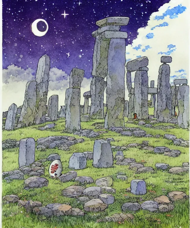 Image similar to a hyperrealist studio ghibli watercolor fantasy concept art. in the foreground is a giant grey octopus building and putting stones in to place on top of stonehenge with a starry sky. by rebecca guay, michael kaluta, charles vess