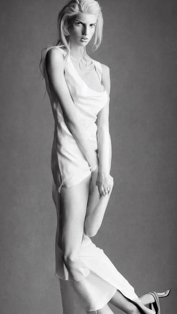 Prompt: new beautiful studio photo of emily skinner, looking like annie leonhart, very beautiful long slim legs, wearing expensive open toe heels and white short dress, in a white room, pale skin, bokeh, very very very beautiful!!, dominant pose, full body shot, 9 0 mm, f / 1. 2 5, cover. photo : david roemer