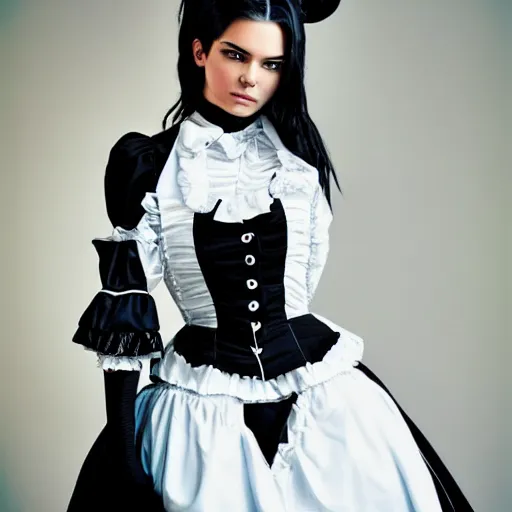 Prompt: kendall jenner wearing 2 b cosplay victorian maid