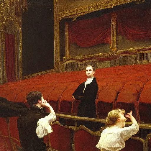 Image similar to a young man watching an actress on stage in an old theater, by alfred stevens