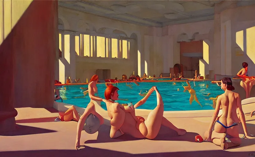 Image similar to Inside a big greek goddess pool and ladies in bikini, very coherent, painted by Edward Hopper, Wayne Barlowe, painted by James Gilleard, airbrush, art by JamesJean