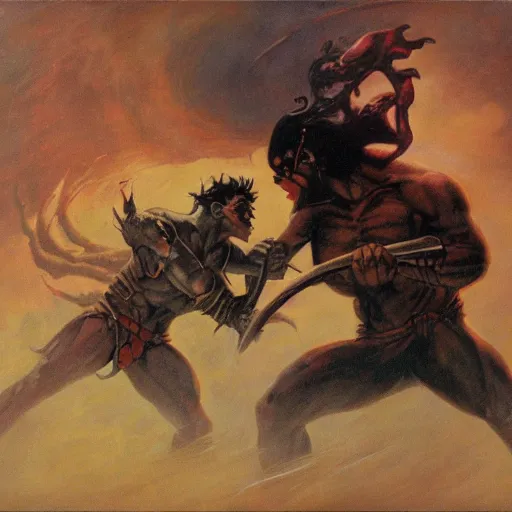 Prompt: an epic duel in the abyss, frank frazetta style