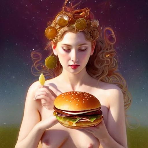 Image similar to portrait of sacred goddess venus eating hamburgers, extra onions and ketchup, luscious patty with sesame seeds, feminine ethereal, handsome, d & d, fantasy, intricate, elegant, highly detailed, digital painting, artstation, concept art, matte, sharp focus, illustration, art by artgerm and greg rutkowski and alphonse mucha