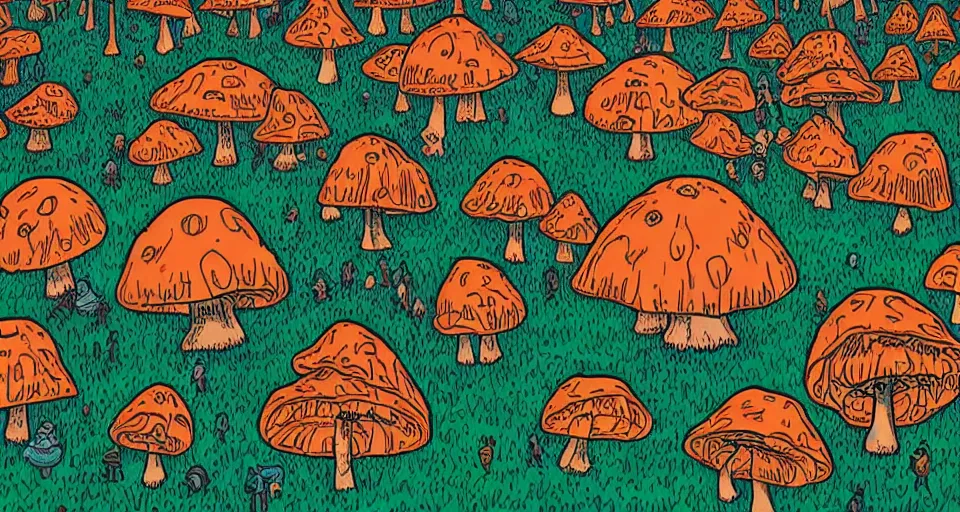 Image similar to A tribal village in a forest of giant mushrooms, by Dan mumford,