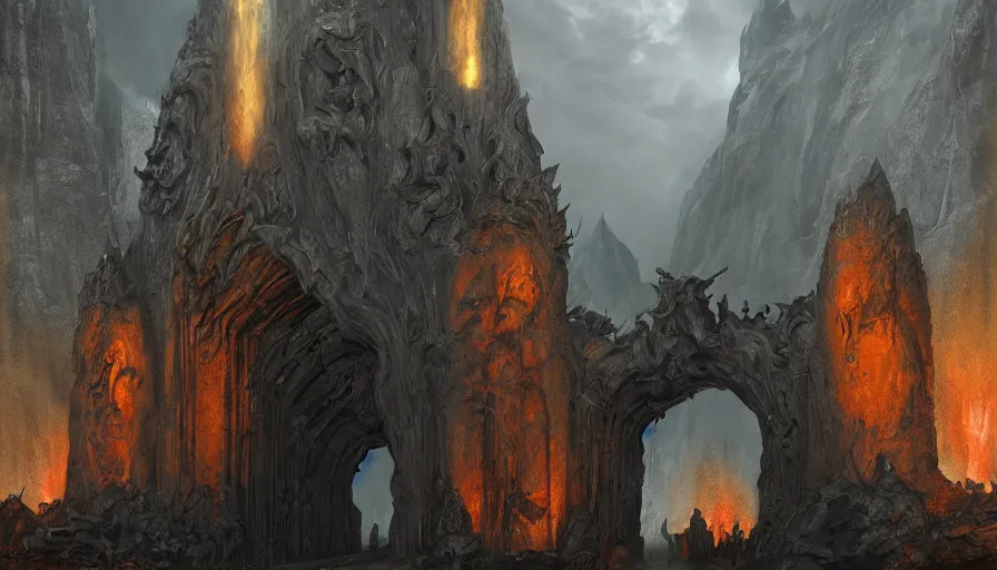 Image similar to 50 feet tall obsidian stone gates that serve as the entrance to hell with flames coming from the inside, rule of thirds, highly detailed, artstation, concept art, matte painting, 4k, octane render, art by ted nasmith and greg rutkowski