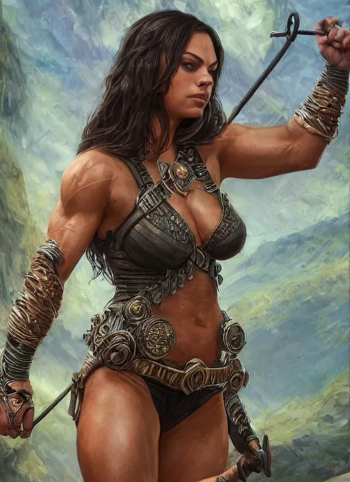 Prompt: Mila Kunis as a very muscled rugged looking Amazon, intricate, elegant, highly detailed, centered, digital painting, artstation, concept art, smooth, sharp focus, illustration, art by artgerm and donato giancola and Joseph Christian Leyendecker, WLOP