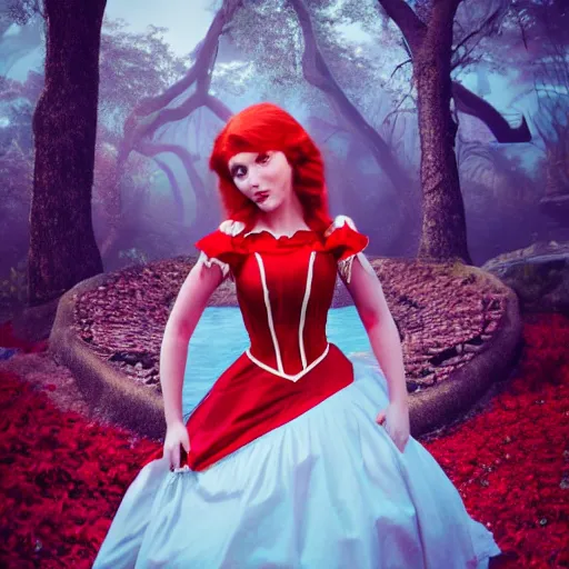 Prompt: red head queen gown, full body, alice in wonderland theme, disney photo realistic, octane render, 8 k, unreal engine, hd, cinematic lighting