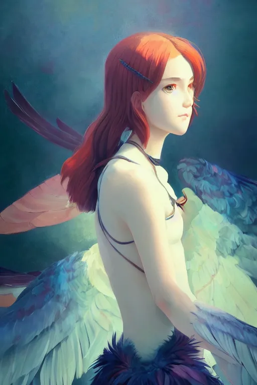 Prompt: a portrait of girl with two wings on her back and feathers. vivid colors, soft lighting, atmospheric, cinematic, moody, in the style of Ilya Kuvshinov and Range Murata, Krenz Cushart, rule of thirds, oil on canvas, 8k