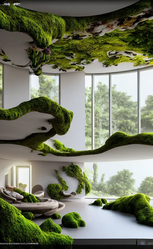 Image similar to highly detailed villa natural beautiful light interior soft cinematic composition of a smooth ceramic porcelain biomorphic magnolia stone nebula fluid sci - fi surreal colorful architecture landscape, furniture, granite, trees, marble, moss, lichen, fungi, vincent callebaut composition, mamou - mani, archviz, 8 k, unreal engine, hdr