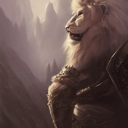 Image similar to a beautiful award winning commission of a male anthro albino lion dressed in skyrim armour,digital art,art by greg rutkowski,character design by charles bowater,ross tran,photorealistic,highly detailed,detailed face,4k,dramatic,deviantart,artstation