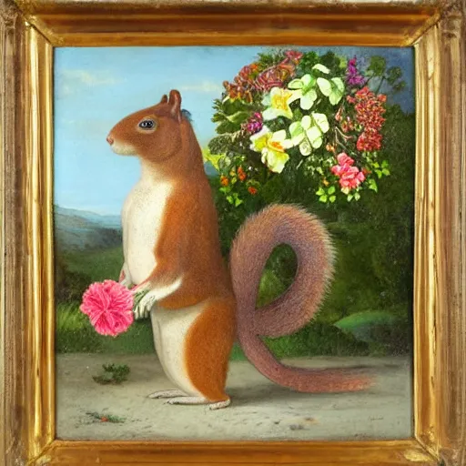 Image similar to a giant squirrel carrying napoleon!!! on its back, beach scene with flowers and foliage, detailed oil painting