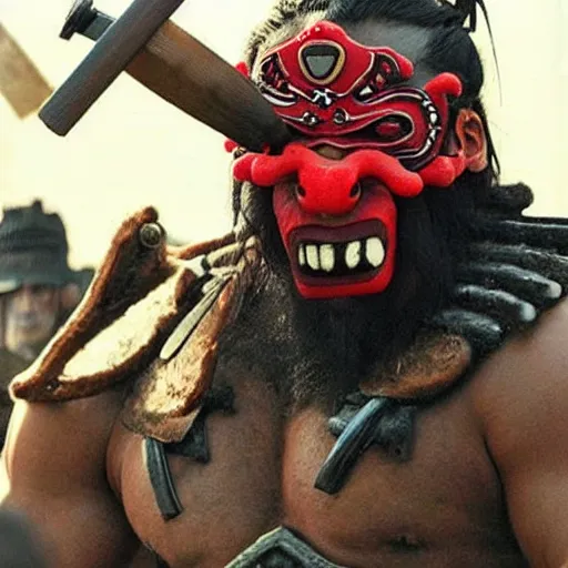 Image similar to big buff very strong very buff samurai wearing an oni mask, movie still