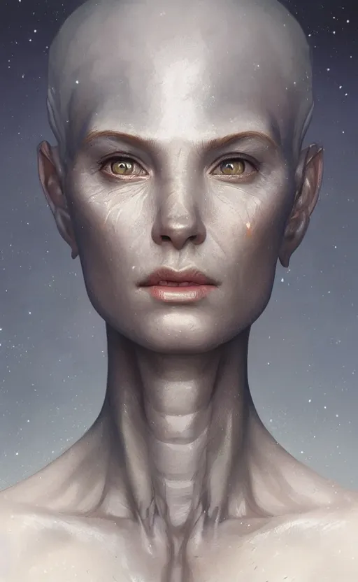 Image similar to portrait of a grey alien, pretty, confident, intricate, headshot, highly detailed, digital painting, artstation, concept art, sharp focus, cinematic lighting, illustration, art by artgerm and greg rutkowski, alphonse mucha, cgsociety