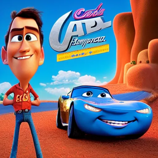 Image similar to cars movie with the face of David Copperfield, pixar