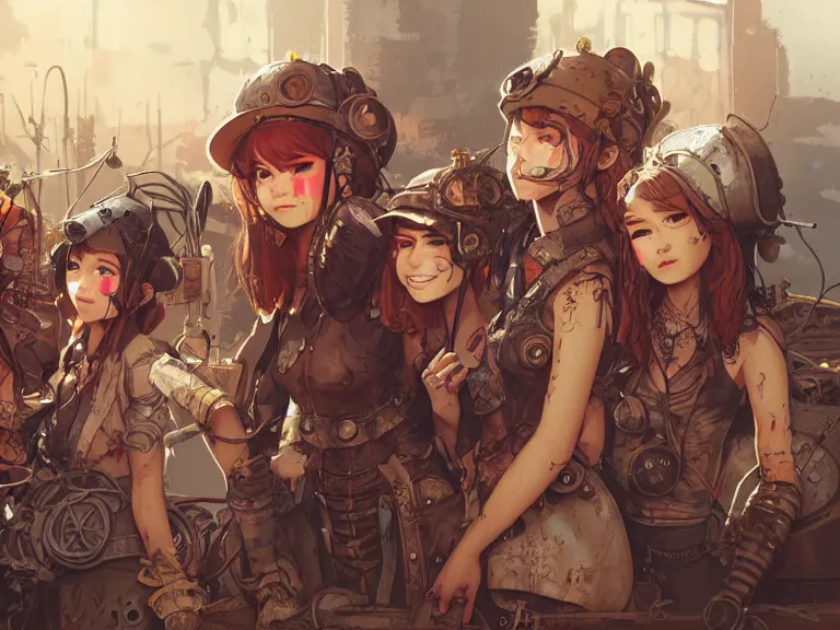 Image similar to group of 4 scavenger girls in a junkyard, steampunk, gritty, dirty, rusty, high fantasy, detailed faces, sharp focus, high detail, smooth, digital illustration, by rossdraws, artstation