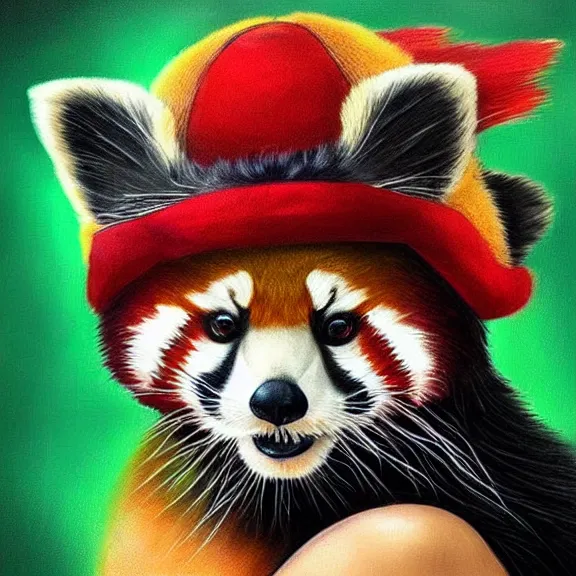 Image similar to “neotraditional tattoo of a red panda in a fullcap hat, digital art, tattoo art, highly detailed, hiperrealistic, photorealistic, 4k UHD, Zoltán Szente”