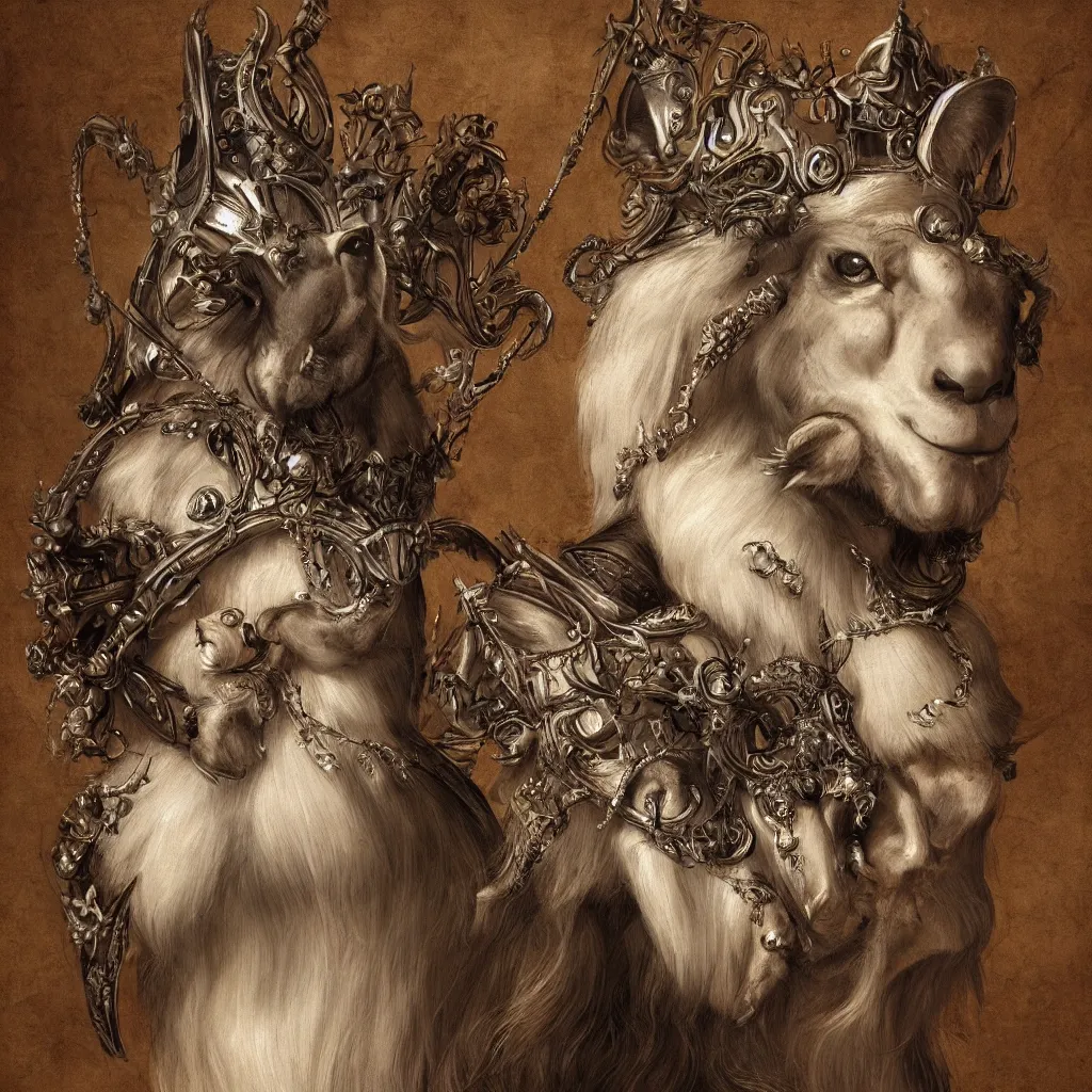 Prompt: Renaissance portrait of a kangaroo wearing a crown with White Hair and white beard, fantasy art, illustration, epic, fantasy, intricate, hyper detailed, artstation, concept art, smooth, sharp focus