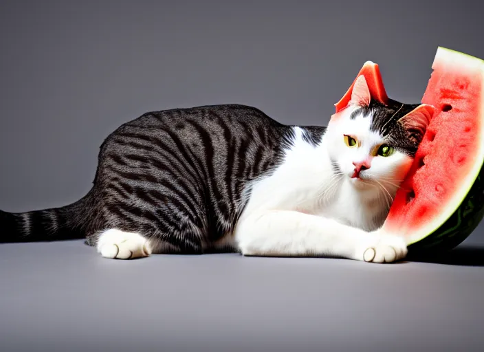 Image similar to photo of a cat wearing a helmet made of a watermelon. highly detailed 8 k. intricate. lifelike. soft light. nikon d 8 5 0 5 5 mm. dof. cinematic postprocessing.