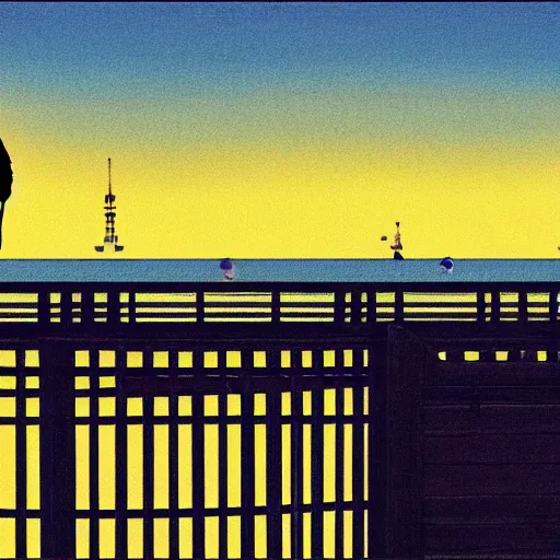 Prompt: Person leaning on a wooden fence looking out at a seaside town from a ship, anime, by Katsuhiro Otomo, highly detailed, city, nighttime