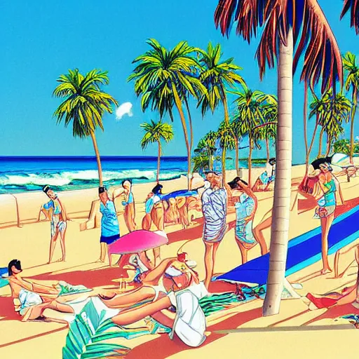 Image similar to a beautiful painting of a sunny day at a large beach filled with lush plants and palm trees by hiroshi nagai and hirohiko araki, detailed line art, vaporwave color scheme