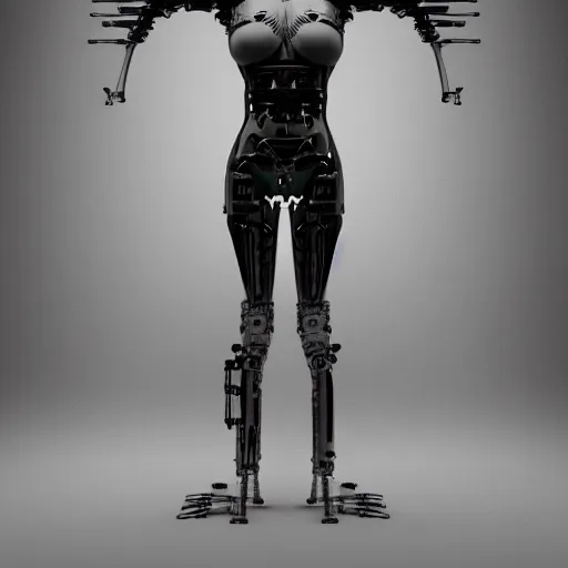 Prompt: Masterpiece full body portrait of a beautiful female cyborg with a beautiful face and flawless skin, parts of her body are made of transparent plastic, symmetrical, surreal H.R. Giger dream landscape, eerie fog, cinematic lighting, 8k