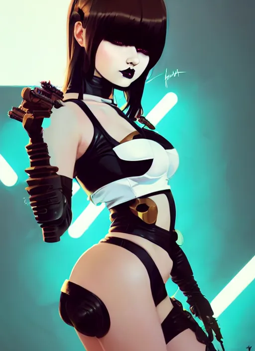 Image similar to portrait of cute goth girl in cyber bikini armor, face by ilya kuvshinov, warhammer, cyberpunk, by atey ghailan, by greg rutkowski, by greg tocchini, by james gilleard, by joe fenton, by kaethe butcher, dynamic lighting, gradient light blue, brown, blonde cream and white color in scheme, grunge aesthetic